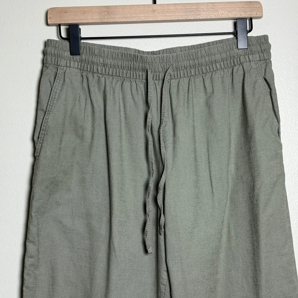 H&M Womens‎ Linen Blend Pants S Green Drawstring Cotton Vacation Resort Casual